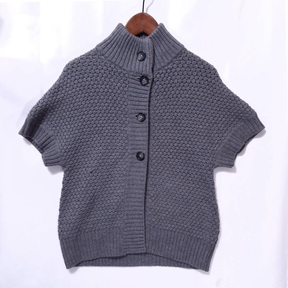 Banana Republic Merino Wool Short Sleeve Cardigan Sweater Women M Gray Mock Neck